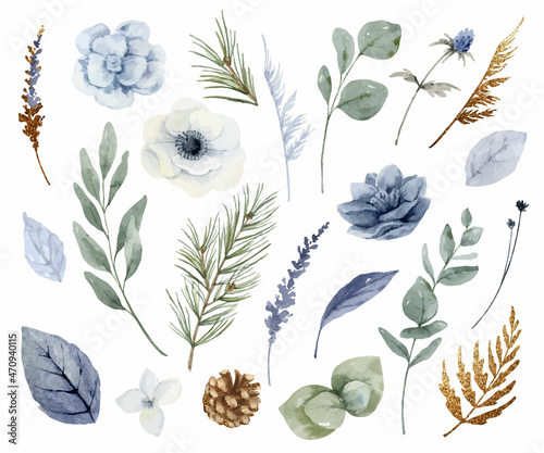 Watercolor set of dusty blue flowers, branches and leaves.