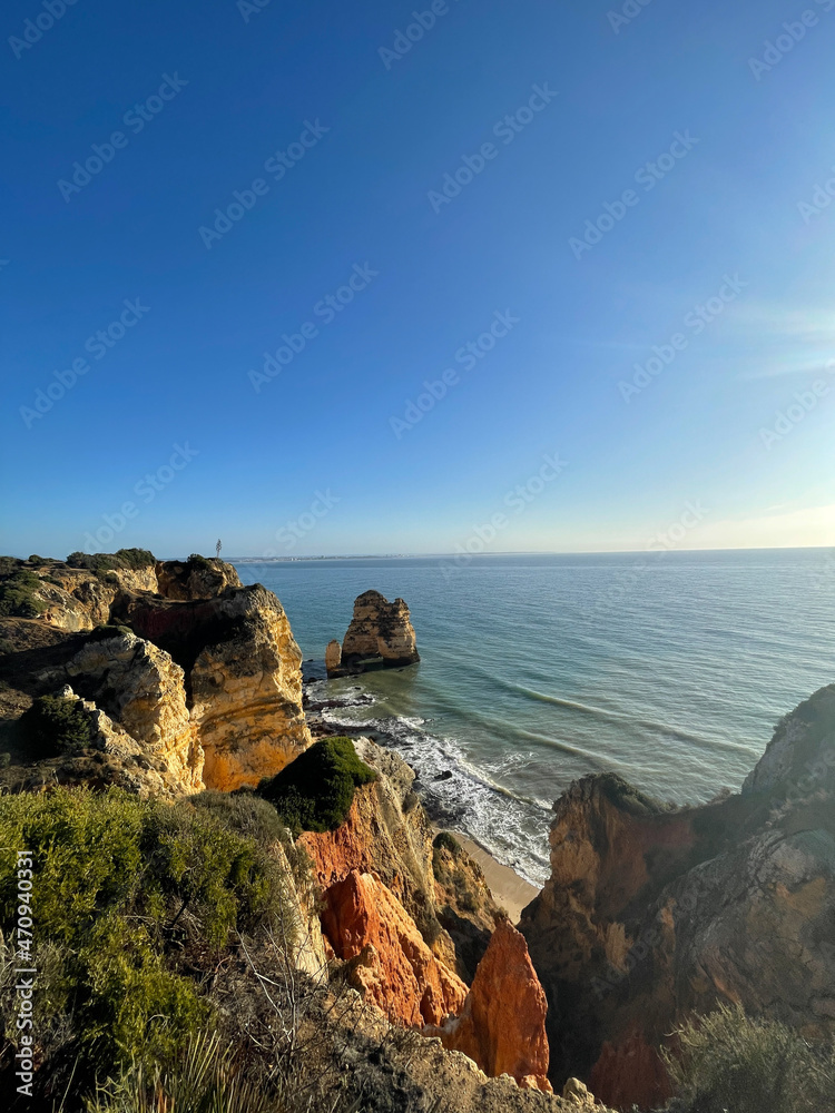 Beautiful bay near Lagos town, Algarve region, Portugal. Sandy beach. Portuguese landmark, popular travel destination.