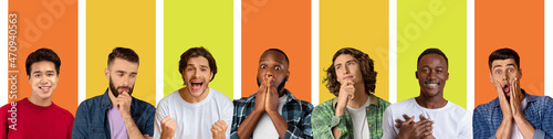 Collage of multiethnic millennial people have different emotions and facial expressions on orange and yellow backgrounds