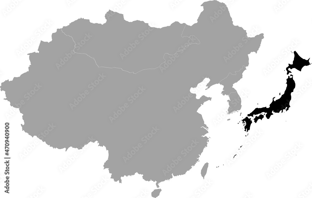 Black Map of Japan inside the gray map of East region of Asia