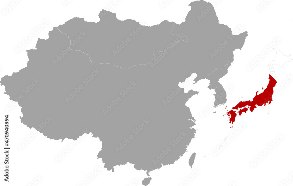 Map of Japan with national flag inside the gray map of East region of Asia Map of Japan with national flag inside the gray map of East region of Asia
