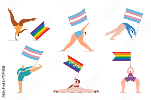 Vector flat illustration with LGBT group of people standing in yoga poses with transgender and rainbow flags in their hands.