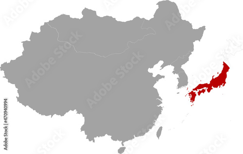 Map of Japan with national flag inside the gray map of East region of Asia