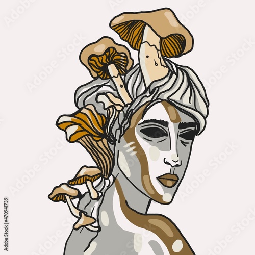Mushrooms grow from the girl. Girl in symbiosis with mushrooms.abstract illustration