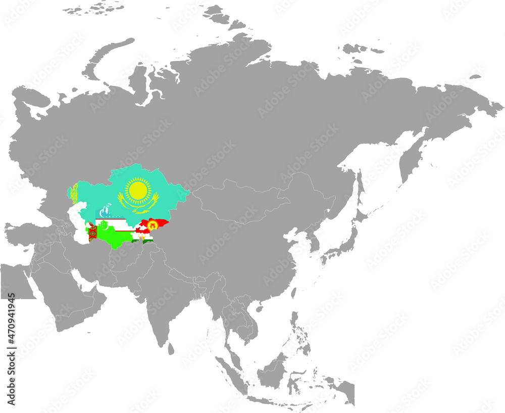 Map of countries of Central region of Asia with national flag inside gray map of Asia