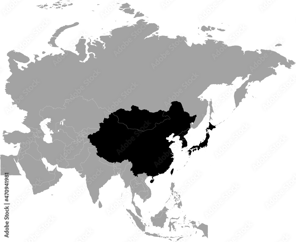 Black Map of East region of Asia inside the gray map of Asia