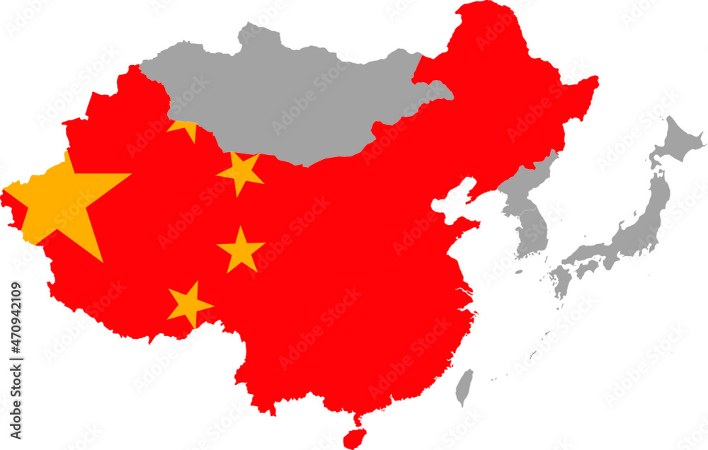 Map of China with national flag inside the gray map of East region of Asia Map of China with national flag inside the gray map of East region of Asia