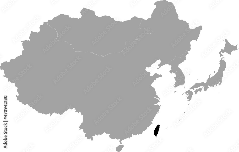 Black Map of Taiwan inside the gray map of East region of Asia
