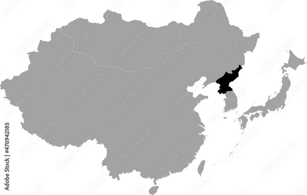 Black Map of North Korea inside the gray map of East region of Asia Black Map of North Korea inside the gray map of East region of Asia