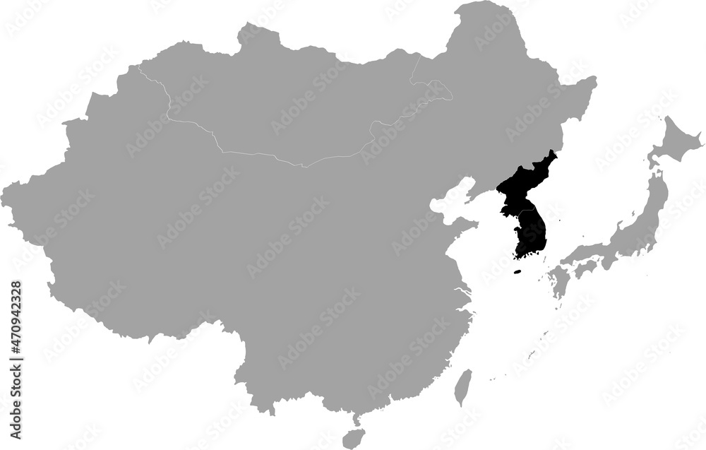 Black Map of Korean peninsula countries inside the gray map of East region of Asia