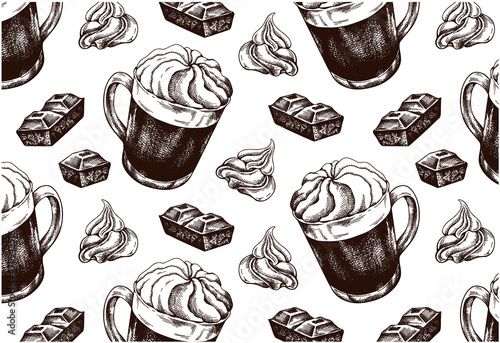 Sketch hand drawn pattern of hot chocolate with whipped cream isolated in white background. Line art drawing winter drink wallpaper. Engraving hot cocoa, piece of chocolate. Xmas vector illustration.