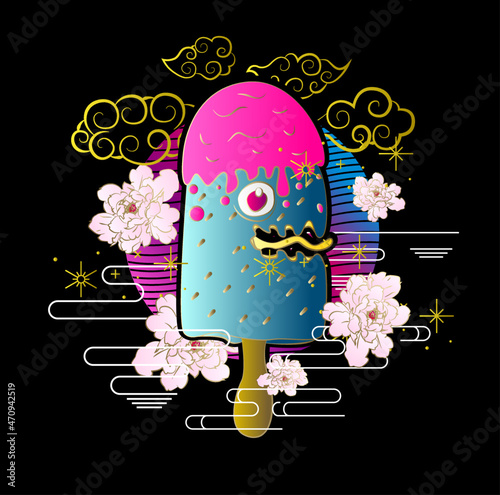 ice scream illustration design for sukajan is mean japan traditional cloth or t-shirt with digital hand drawn Embroidery Men T-shirts Summer Casual Short Sleeve Hip Hop T Shirt Streetwear