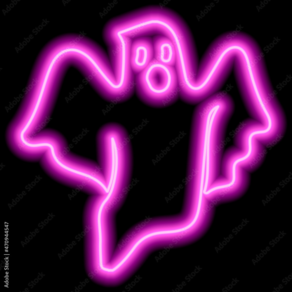 Neon pink outline flying ghost on black background. Halloween symbol. Neon pink outline flying ghost on black background. Halloween symbol.