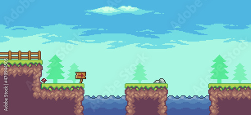 Pixel art arcade game scene with tree, lake, board, fence, and clouds 8 bit vector background
