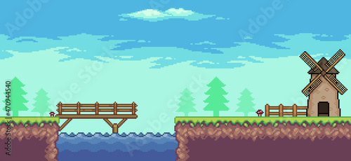 Pixel art arcade game scene with mill, bridge, trees, fence e clouds 8 bit vector background
