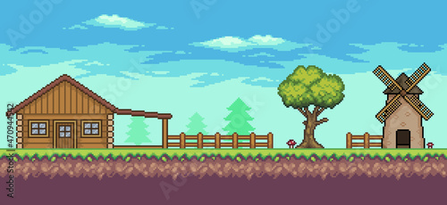 Pixel art arcade game scene with house, mill, trees, fence e clouds 8 bit vector background
