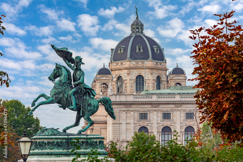Photography Statue of Archduke Charles and Museum of Natural History dome, Vienna, Austria