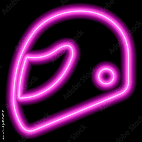 Neon pink outline of a motorcycle helmet on a black background. The concept of extreme sport, competition, protection