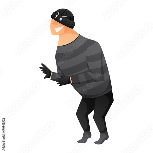 A cartoon thief or crook in black clothes, balaclava or hat and gloves sneaks on tiptoe and smiles.