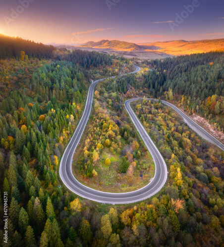 Aerial view of mountain road in forest at sunset in autumn. Top view from drone of road in woods. Beautiful landscape with roadway in hills, pine trees, mountains, golden sunlight in fall. Travel © den-belitsky