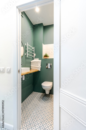 Minimalistic elegant design of bathroom in wormwood green color  installation  white bath. Wall paint for wet room using