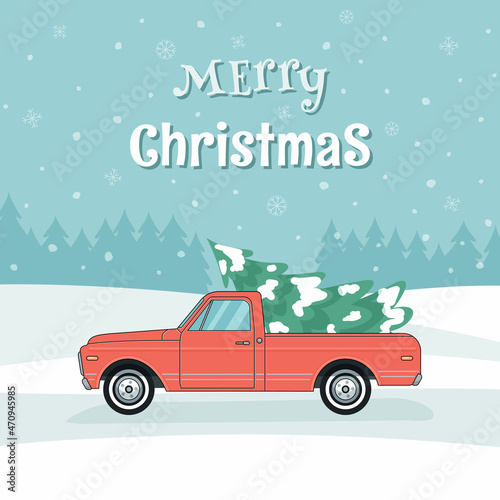 Red old pickup truck with christmas tree. Greeting card. Vector flat retro illustration