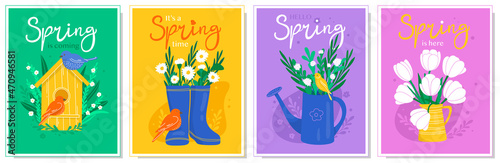 Hand-drawn collection of spring cards with flowers and birds. Colorful vector illustration.