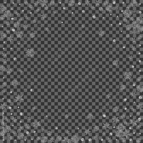 Luminous Snowflake Background Transparent Vector. Snow Frosty Pattern. Silver Dot Snowy. Metal Snowfall Texture.
