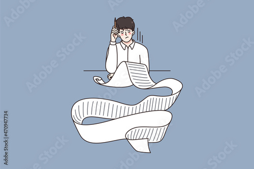 Problems in financial bills concept. Young stressed man worker accountant sitting and looking at long papers of bills feeling stressed vector illustration  photo
