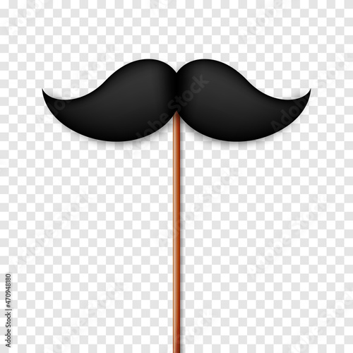 Realistic black mustache on a wooden stick. Fake paper mustache isolated on white background. Fashionable facial hair. Vintage design element. Creative vector illustration.