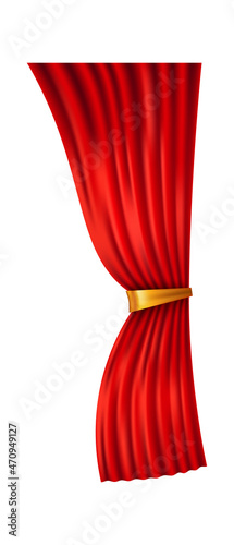 Side drape for theater stage. Red velvet curtain in realistic style