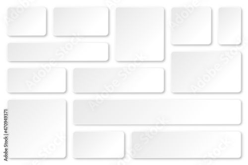 Set of blank paper banners with shadows isolated on white background. Adhesive stickers, labels with rounded corners. Vector illustration.