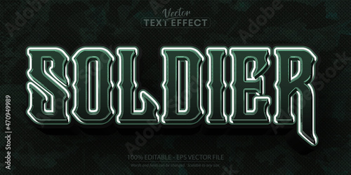 Soldier text, military style green color editable text effect on dark grunge camouflage textured background