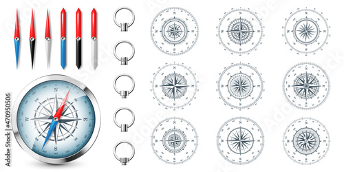 Realistic silver vintage compass with marine wind rose and cardinal directions of North, East, South, West. Shiny metal navigational compass. Cartography and navigation. Vector illustration.