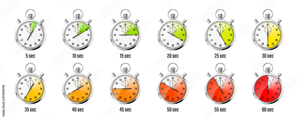 Realistic classic stopwatch icons. Shiny metal chronometer, time counter with dial. Red countdown timer showing minutes and seconds. Time measurement for sport, start and finish. Vector illustration Realistic classic stopwatch icons. Shiny metal chronometer, time counter with dial. Red countdown timer showing minutes and seconds. Time measurement for sport, start and finish. Vector illustration