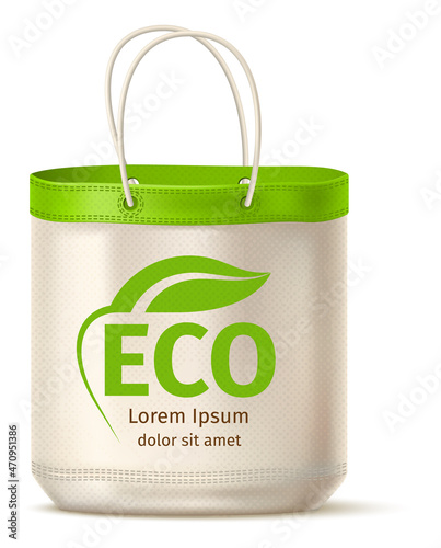 Eco bag with green leaf print. Reusable cotton handbag mockup