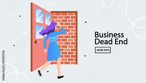 Business dead end and obstacle concept. A businesswoman runs to an open door only to find a brick wall. A vector illustration for a failed strategy, crisis, or challenge.