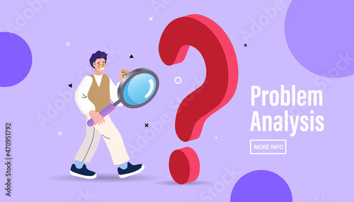 Problem analysis and research concept. A man with a magnifying glass investigates a giant question mark to find a solution. A vector for business consulting, market research, and FAQ.