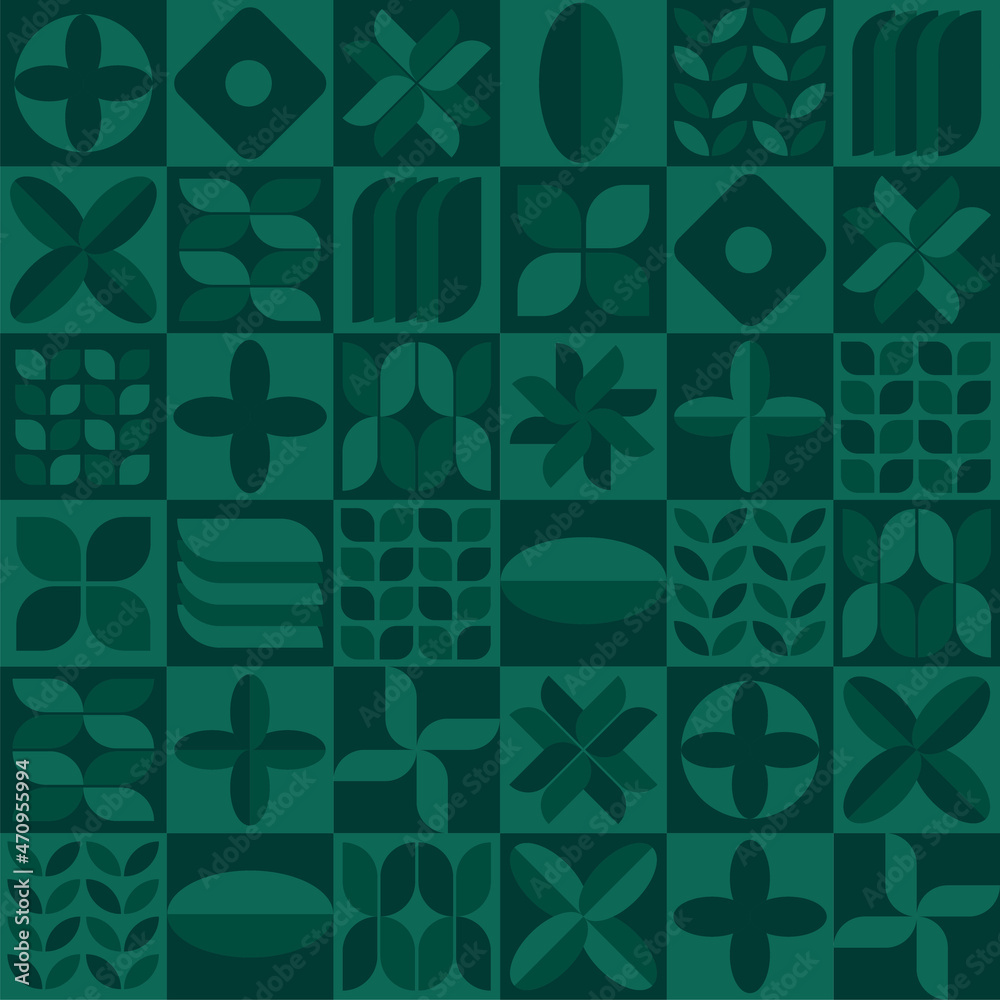 Vector geometric minimalist background in Bauhaus style with simple shape and figures. Abstract Scandinavian green pattern design for web banner, business presentation, brand package, fabric print.