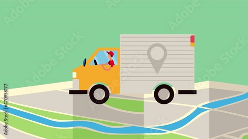 courier driving truck in paper map