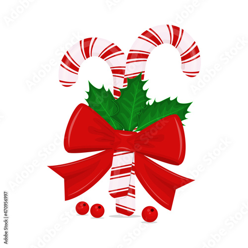 Pair of Christmas candy canes with bow and holly. Vector illustration isolated on white background.