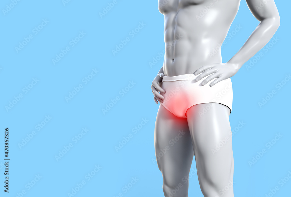 3d render illustration of male figure with highligthed prostate problem. - obrazy, fototapety, plakaty 