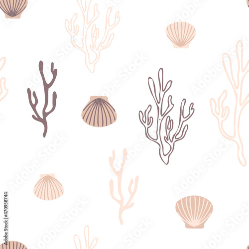 Seamless pattern with shells and corals on a transparent background. Vector illustration for printing on fabric, children's textiles