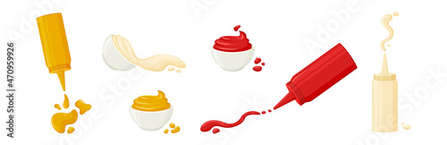 Cartoon sauce splash vector set. Mayonnaise, mustard, tomato ketchup in bottles and bowls. Various hot spice sauces spilled strips, drops and spots. Food illustration photo