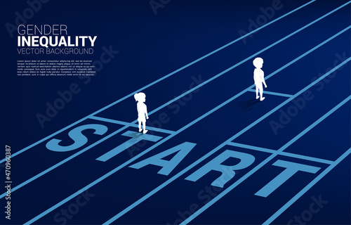 Business concept of gender competition. Silhouette of boy and girl ready to run at start line on racing track.Concept of gender inequality in education.