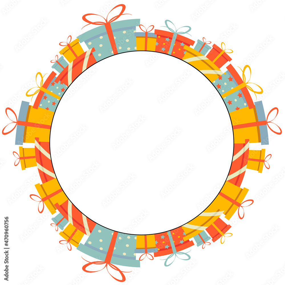 Vector design with gift boxes in a flat style arranged in a circle. You can place your text in the middle.