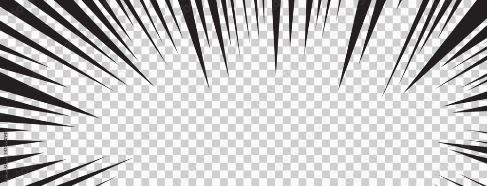 Obraz premium Comic manga effect transparent vector background, black speed radial line frame, zoom abstract pattern, black ray explosion. Superhero striped illustration