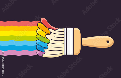 Paint brush with different colors and rainbow stroke on a black background