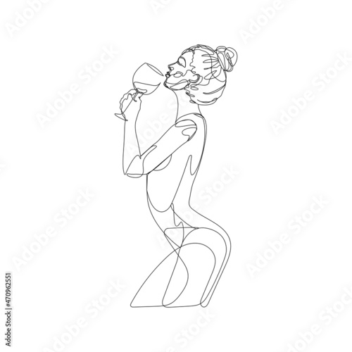 Nude woman with glass of wine in hand, one line drawing on white isolated background. Vector illustration	
