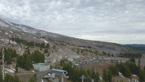 Aerial footage of Timberline lodge on Mount Hood, Oregon